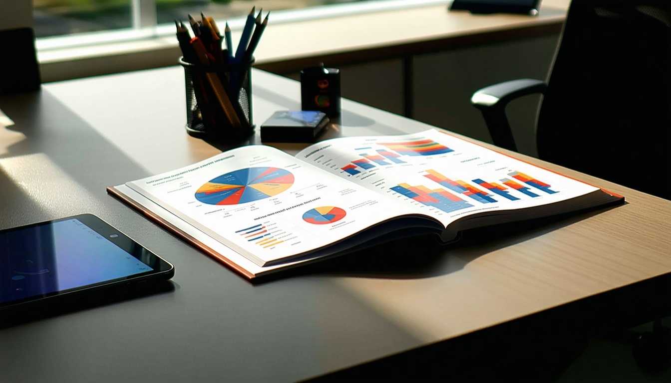 Det elegante, moderne kontorpulten har en glatt, polert overflate som lyses opp av naturlig lys som strømmer inn gjennom et nærliggende vindu På pulten hviler en innbundet markedsføringsrapport med et profesjonelt omslag med et levende design og fet typog-2