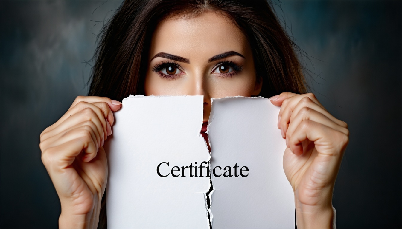 Kvinnens hender, spinkle, men bestemte, griper om kantene på et skarpt, offisielt papir med ordet 